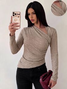 Firerie Women's Fashion Asymmetric T-Shirt, Autumn - Mocha Brown - View 2