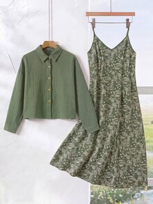 Rusticease 大尺碼女款軍綠色花卉細肩帶洋裝搭配紋理襯衫 2 件套 2026 秋季 - 軍綠色 - 查看 4