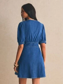 Poéselle 1Pc Button Front Scallop Trim Denim Dress Teacher Outfits For Women - Medium Wash - View 2