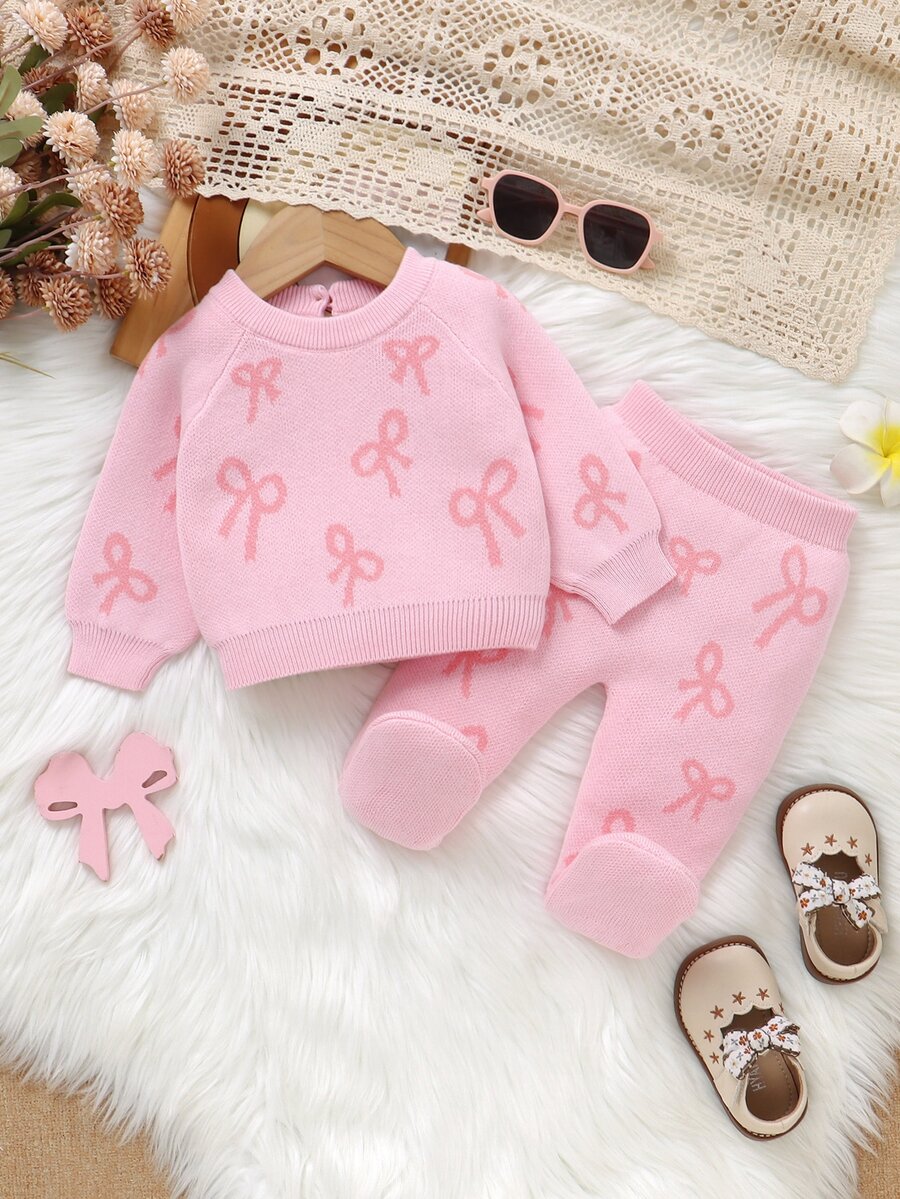 SHEIN طقم كنزة بأكمام راجلان بنمط فيونكة & بنطال محبوك بأقدام للبنات الصغيرات - وردي - مشاهدة 1