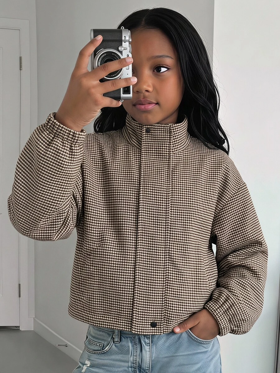 SHEIN Tween Girl Plaid Print Zip Up Jacket - Brown - View 1