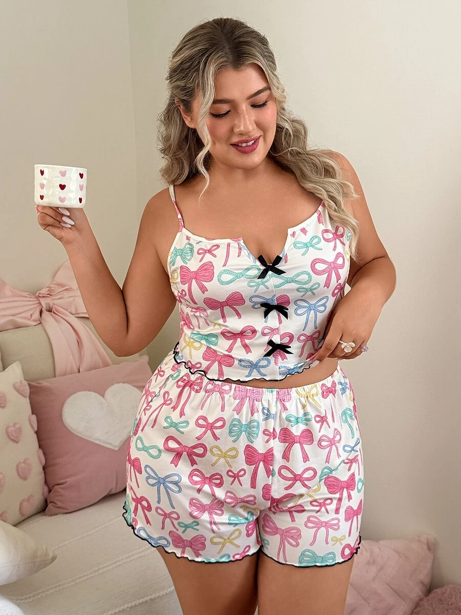 Slumberry CURVE Plus Bow Print Lettuce Trim PJ Set - Multicolor - View 1