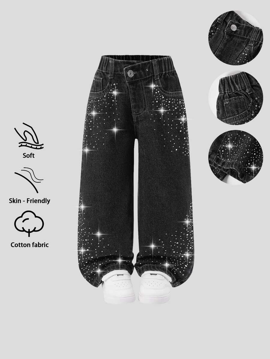 SHEIN Elladie kids 少女彈性腰保暖內裡牛仔褲 - 黑色 - 查看 1