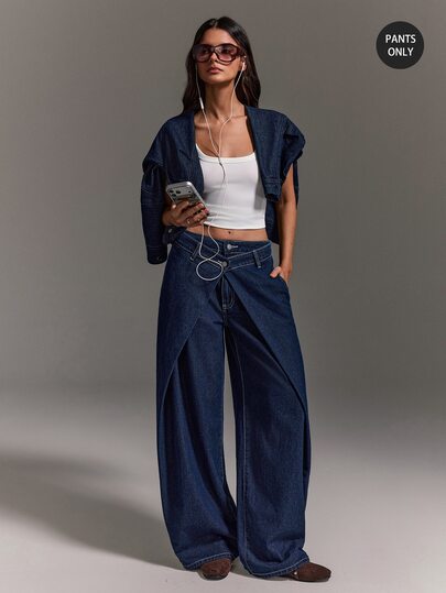 Athîral Denim Women's Faux Two-Piece Wide Leg Loose Casual Denim Jeans