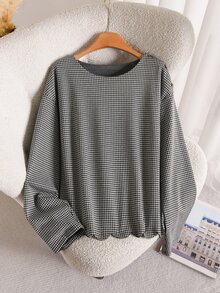 CosyJoli Plus Houndstooth Print Drop Shoulder Tee Casual T-Shirt For Women Fall/Winter Casual Daily Going Out Office Business Work T-Shirt For Women Homecoming - Black and White - View 6