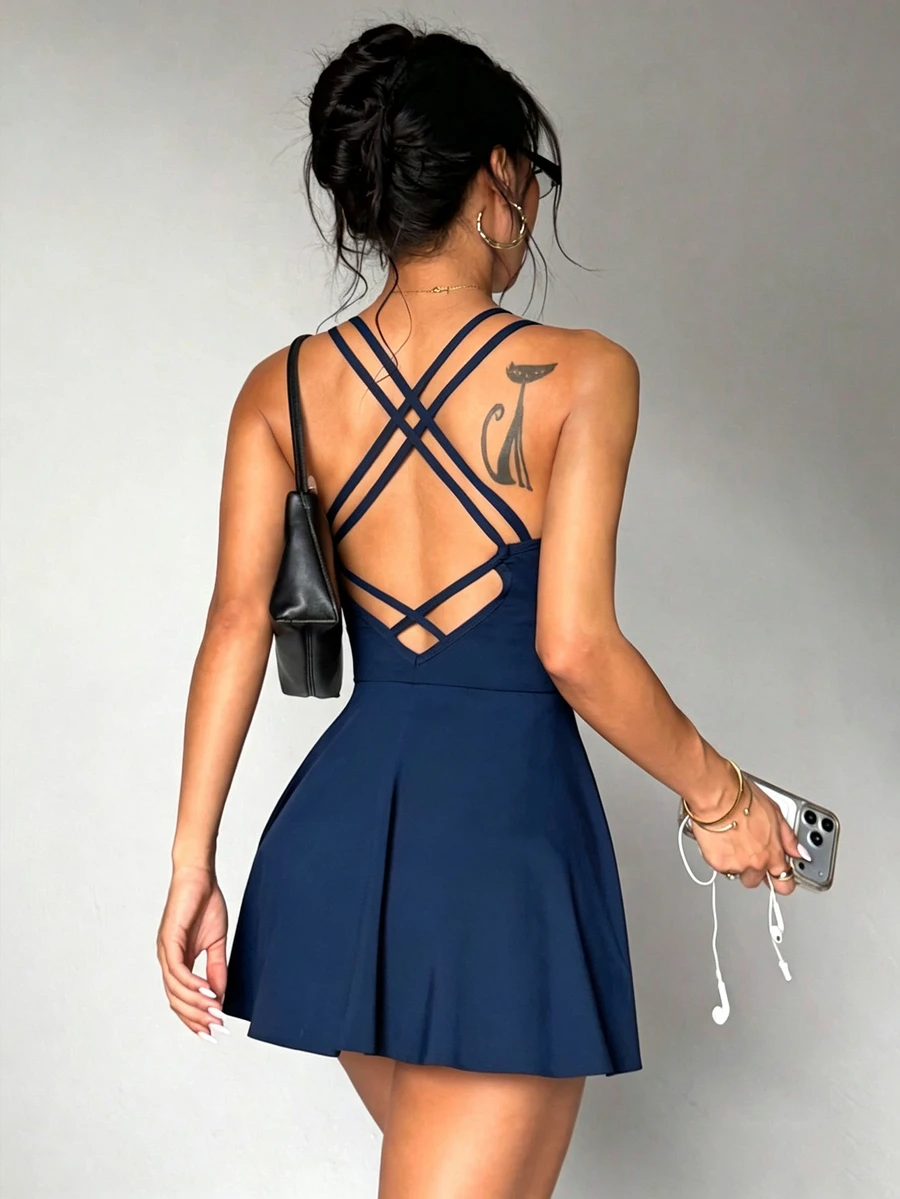 SHEIN Dewbera Gaun Olahraga Tanpa Punggung dengan Desain Silang - Navy Blue - View 1