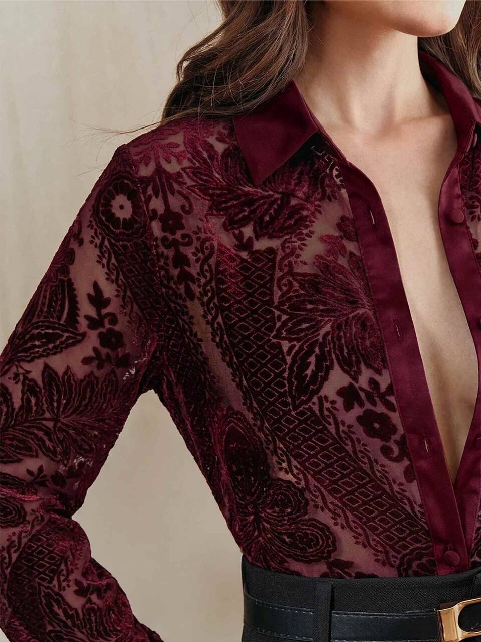 Sheer Mesh Floral Print Button Front Shirt