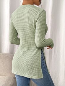 SHEIN Frenchy Solid Waffle Knit Split Hem Tee - Mint Green - View 2