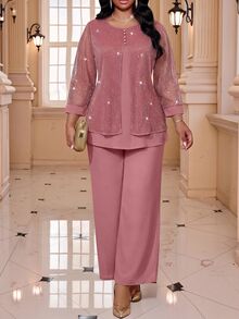 Fleurora Plus Size Elegant Party Top And Pants 2 Pieces Set - Purple - View 1