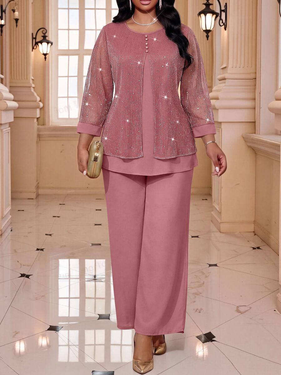 Fleurora Plus Size Elegant Party Top And Pants 2 Pieces Set - Purple - View 1
