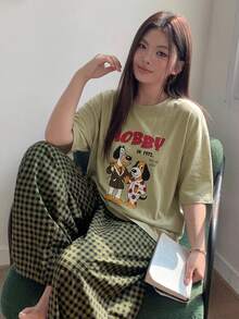 Dazy Plus 可愛卡通印花寬鬆短袖上衣與格紋長褲女款大尺碼居家休閒服 春夏睡衣套裝 - 薄荷綠 - 查看 4