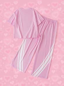THE POWERPUFF GIRLS X SHEIN Tween Girl Cartoon Print Round Neck T-Shirt And Loose Pants Set - Pink - View 2
