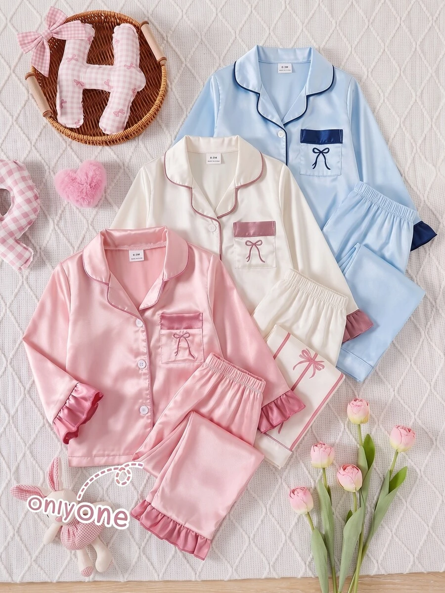 Baby Girl Embroidery Bow Contrast Binding Flare Sleeve Pajama Set - Baby Pink - View 1