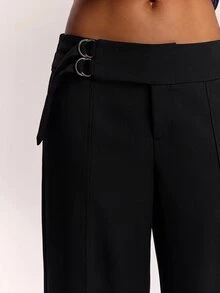 SHEIN BAE Celana Panjang Model Lebar dengan Detail Cincin Solid untuk Jas Kantor Bisnis Warna Hitam Musim Panas Kasual Elegan - Hitam - View 7
