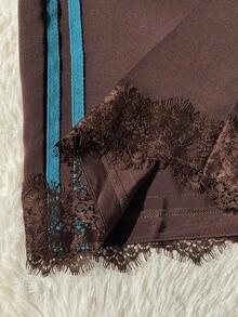 Comfortcana Plus Striped Contrast Lace Drawstring Waist Pants Fall - Brown - View 5