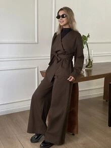 DAZY 秋季長袖上衣套裝：交叉領繫帶牛仔外套與寬腿牛仔褲 - 棕色 - 查看 6