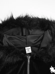 SHEIN 青少年女孩天鵝絨刺繡毛絨飾邊拉鍊連帽外套 - 黑色 - 查看 5