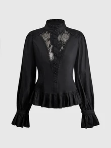 ROMWE Women's Blouse With Lantern Sleeves, Lace Patchwork, Small High Collar, Gothic Court Style - Black - View 1