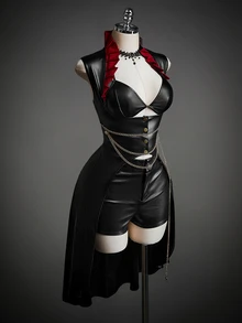 SHEIN ICON Y2K女款萬聖節Cosplay黑色哥德風束腰派對裝，對比色立領長下擺 - 黑色 - 查看 1