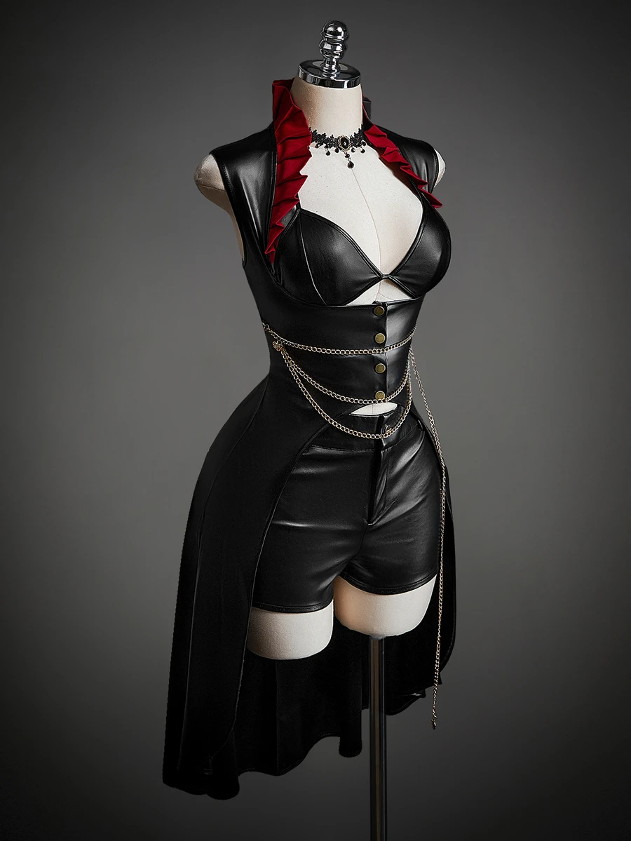 SHEIN ICON Y2K女款萬聖節Cosplay黑色哥德風束腰派對裝,對比色立領長下擺 - 黑色 - 查看 1
