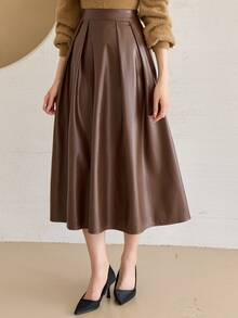 DAZY Rok Midi Lipit Elegan Wanita Bahan PU Gaya Jalanan Musim Gugur - Rust Brown - View 5