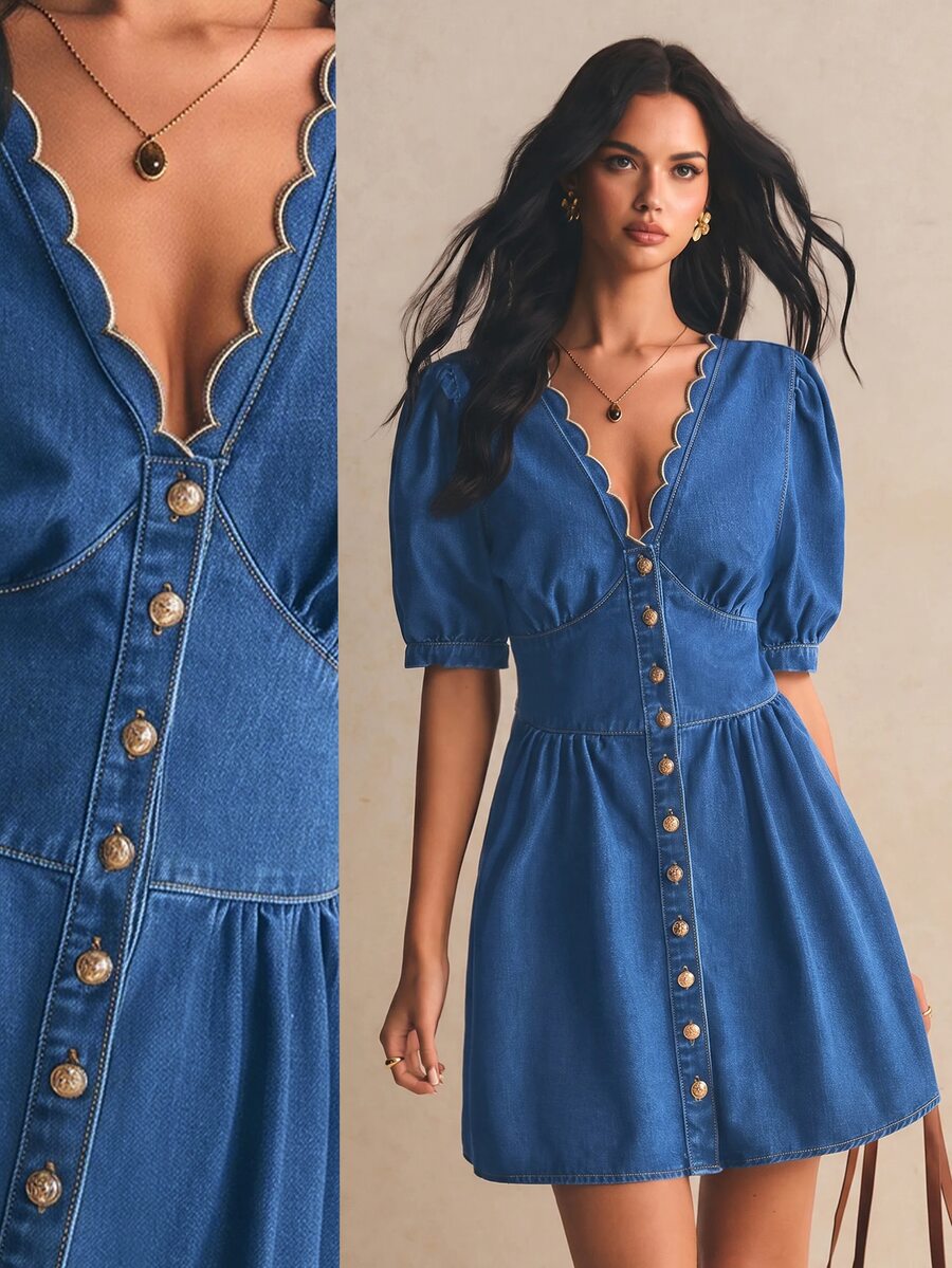 Poéselle 1Pc Button Front Scallop Trim Denim Dress Teacher Outfits For Women - Medium Wash - View 1