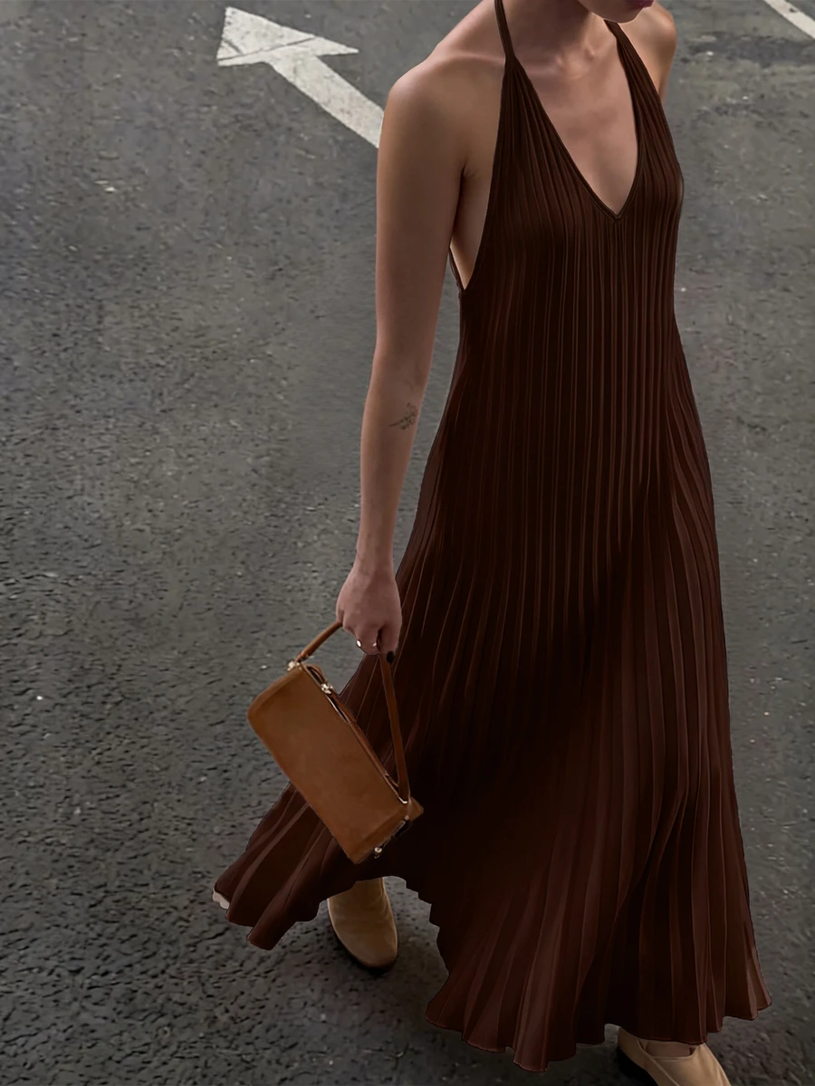 Cévolie Solid Backless Halter Neck Pleated Hem Dress - Coffee - View 1