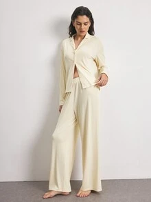 Ocili Conjunto de pijama de color sólido con botones delanteros - Amarillo - Ver 6
