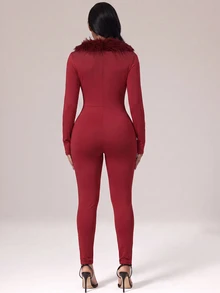 Glyssa Fuzzy Trim Unitard Jumpsuit - Burgundy - View 2