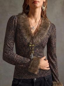 LUMIGAL Leopard Print Fuzzy Trim Button Front Top - Brown - View 6