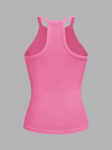 Slaydiva 2026 Primavera/Verano Nuevo Casual Básico Versátil Blanco Liso Acanalado Cuello Redondo Espalda de Corredor - Rosa vieja - Ver 2