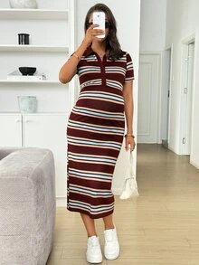 MaterniWear 女款條紋孕婦半開襟鈕扣洋裝 - 酒紅色 - 查看 9