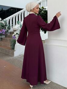 DAZY Women's Elegant Fashion Pleated Waist Long Sleeve Dress Fall - Burgundy - View 2