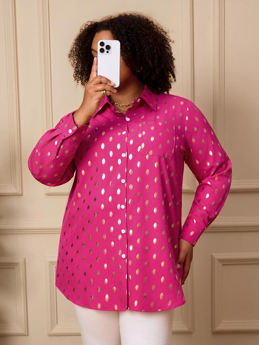 BrightlyHer Plus Size Long Sleeve Casual Striped Shirt,Fall Women Clothes - Hot Pink - View 1