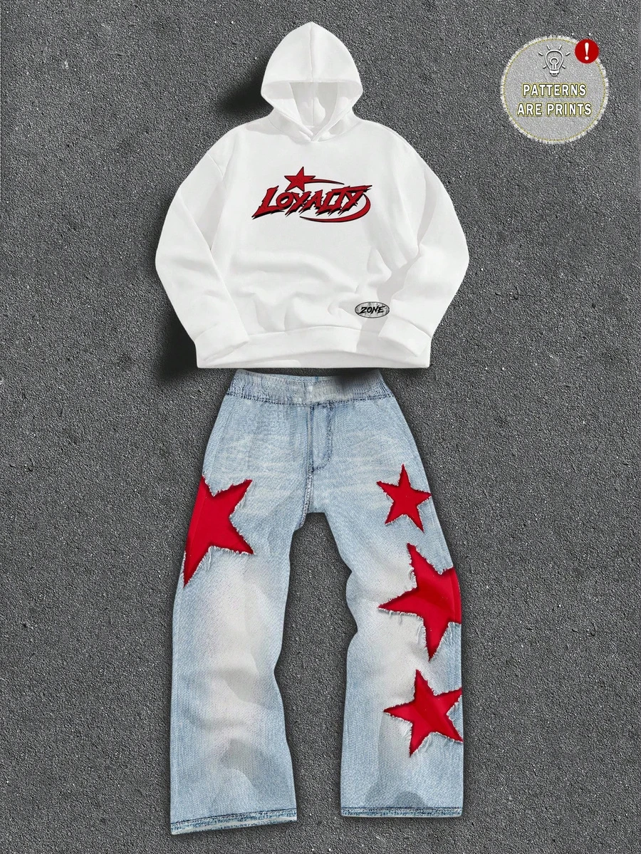 SHEIN 青少年男孩字母圖案保暖連帽衛衣與星星牛仔效果印花長褲套裝 - 彩色 - 查看 1