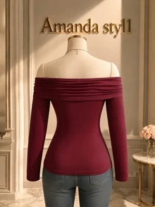 Flairista Camiseta con hombros descubiertos y fruncida - Burdeos - Ver 2