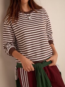 SHEIN EZwear 條紋印花落肩衛衣 - 彩色 - 查看 8
