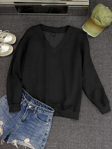 SHEIN EZwear 純色落肩V領運動衫 - 黑色 - 查看 4