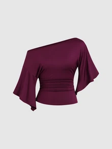 Sweetra Solid Boat Neck Flutter Sleeve Ruched Slim Waist Tee - Red Violet - View 4