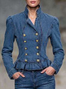 Balvessa Double Breasted Ruffle Hem Denim Jacket - Blue - View 1