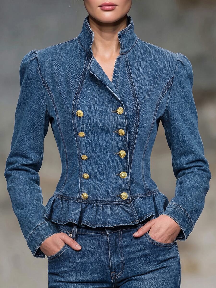 Balvessa Double Breasted Ruffle Hem Denim Jacket - Blue - View 1