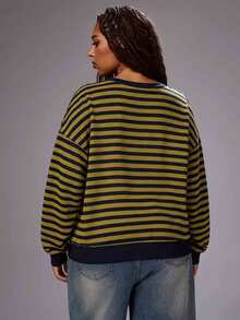 Rustia Plus Striped Print Drop Shoulder Sweatshirt Fall - Black - View 2