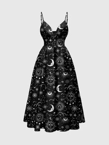 ROMWE Goth 日與月印花細肩帶洋裝 - 黑色 - 查看 1