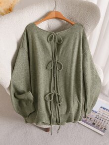 CosyJoli Women's Loose Knit Sweater With 3 Bows Hollow Out Design, Dropped Shoulder Lantern Sleeves, Autumn/Winter Top - Green - View 3