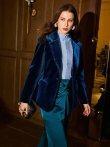 MOTF PREMIUM WOMEN'S AUTUMN/WINTER SLIM FIT ELEGANT VELVET BLAZER - Blue - View 3