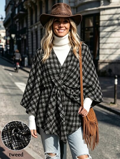 LanaWest Vintage Black & White Tweed V-Neck Loose Batwing Sleeve Self-Cinching Waist Tie Asymmetrical Hem Elegant Short Jacket