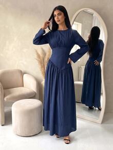 Veilorie Solid Ruched Bust Flowy Hem Arabian Dress - Blue - View 4