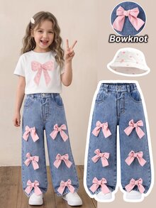 SHEIN ChillGRL 女童蝴蝶結前綴寬腿牛仔褲 - 中等水洗藍 - 查看 3