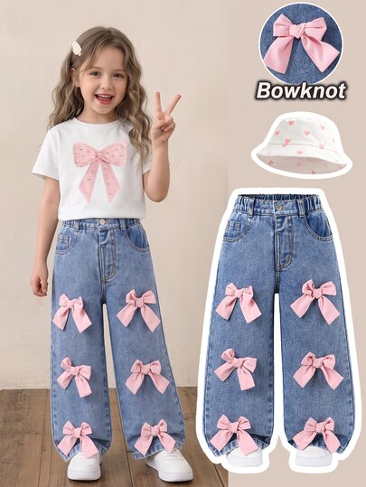 SHEIN ChillGRL Young Girl Bow Front Wide Leg Jeans