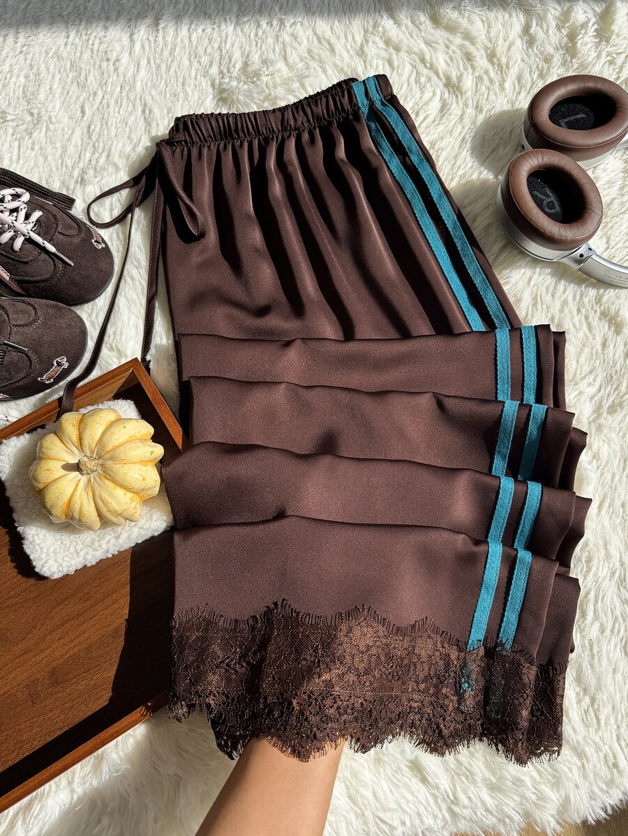 Comfortcana Plus Striped Contrast Lace Drawstring Waist Pants Fall - Brown - View 1
